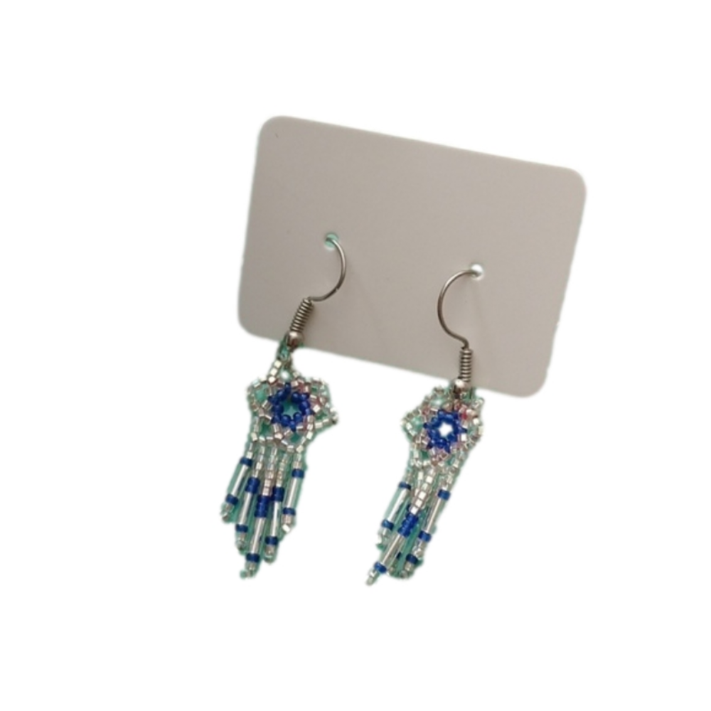 Navajo Elder Handmade Beaded Silver Blue Flower Dream Catcher Earrings